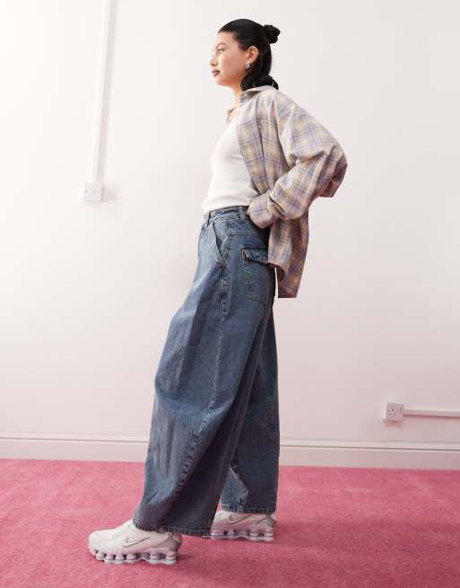 COLLUSION XL balloon jean with cinch back in washed blue