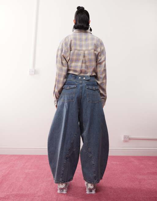 COLLUSION XL balloon jean with cinch back in washed blue