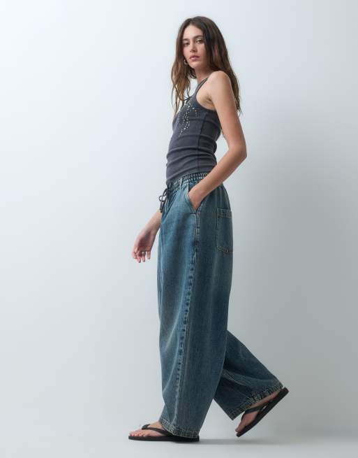 COLLUSION XL balloon pull on jean in mid blue marble wash, 2 of 5