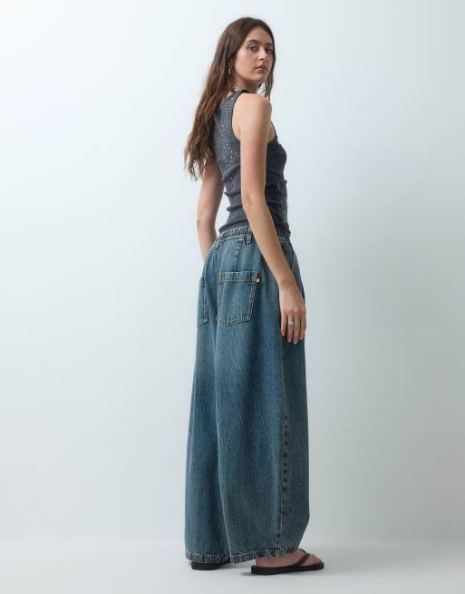 COLLUSION XL balloon pull on jean in mid blue marble wash, 5 of 5