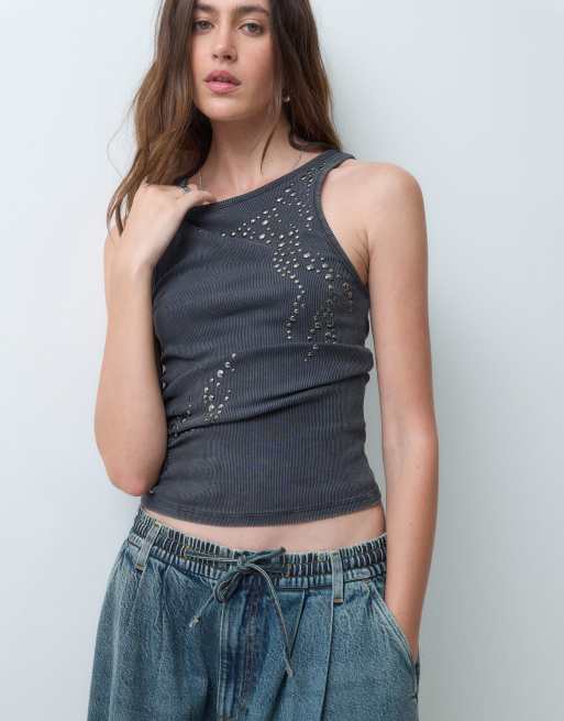 COLLUSION XL balloon pull on jeans in mid blue marble wash, 4 of 5