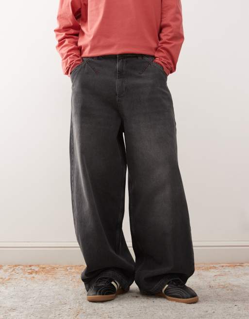 COLLUSION - XL - Jeans a palloncino lavaggio nero con cuciture rosse a contrasto, 2 di 5