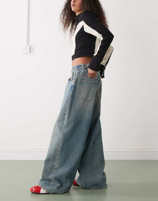 COLLUSION XL - X007 - Baggy jeans met lage verstelbare taille en dirty blauwe wassing, 3 van 5