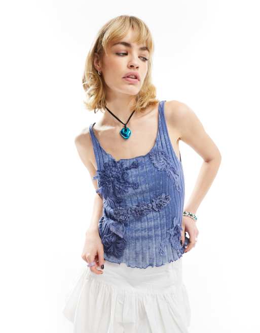 COLLUSION Y2K applique ribbed singlet in washed blue