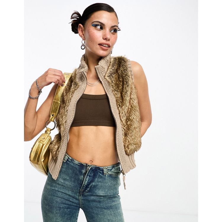 COLLUSION Y2K knitted faux fur gilet in beige