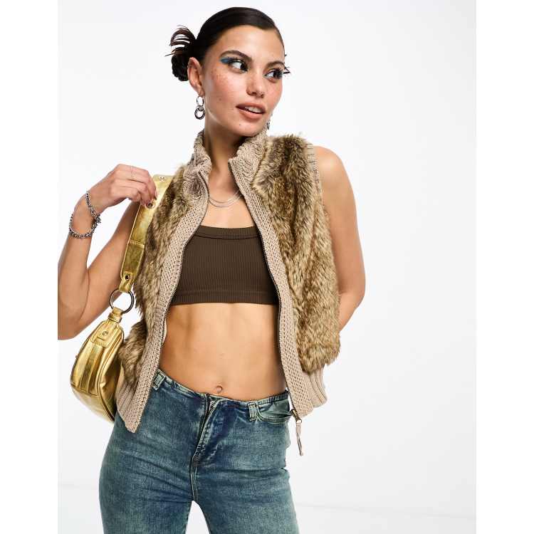 COLLUSION Y2K knitted faux fur vest in beige