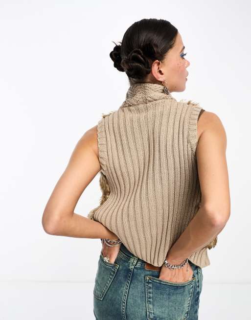 COLLUSION Y2K knitted faux fur vest in beige