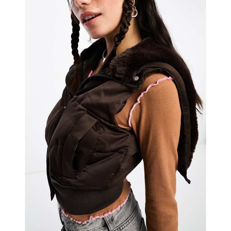 COLLUSION Y2K satin hybrid vest with faux fur hood in chocolate