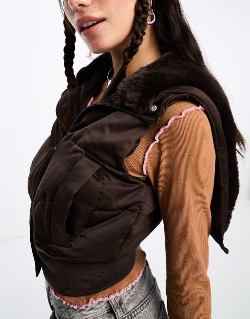 COLLUSION Y2K satin hybrid vest with faux fur hood in chocolate brown