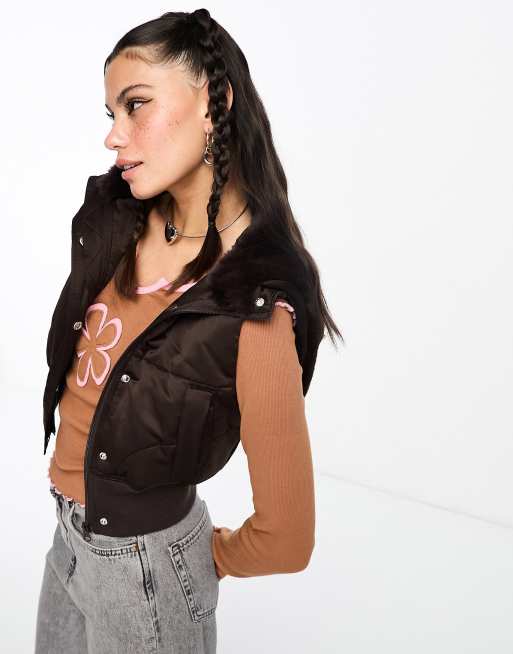 COLLUSION Y2K satin hybrid vest with faux fur hood in chocolate