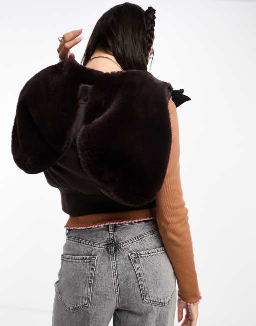 COLLUSION Y2K satin hybrid vest with faux fur hood in chocolate brown