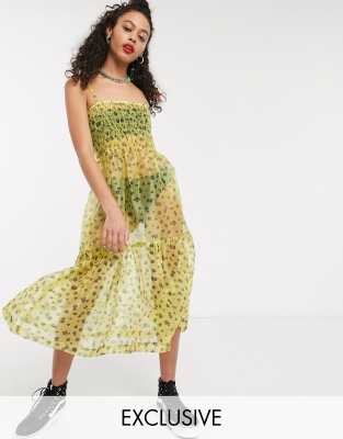 yellow floral print midi dress