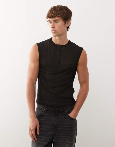 COLLUSION Black henley vest button down in mesh