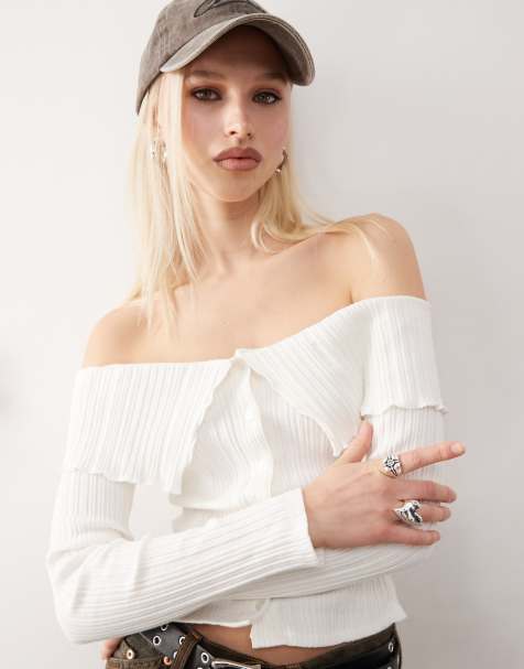 COLLUSION – Zapinany na guziki kremowy top z dekoltem bardot - view 1