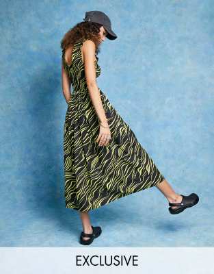 Collusion Zebra Print Midi Dress In Black And Yellow ModeSens