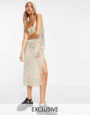 Collusion Zebra Print Slip Cami Midi Dress In Pink & Greenmulti ModeSens