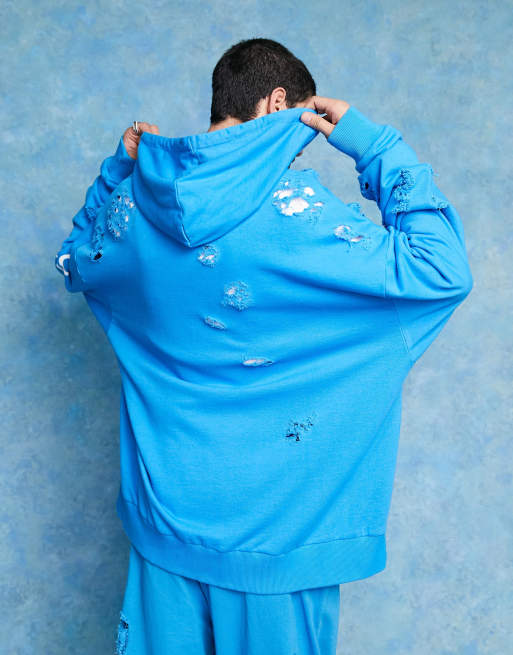 COLLUSION – Zerrissener Oversize-Kapuzenpullover in Blau mit Logo, Kombiteil, 4 von 4