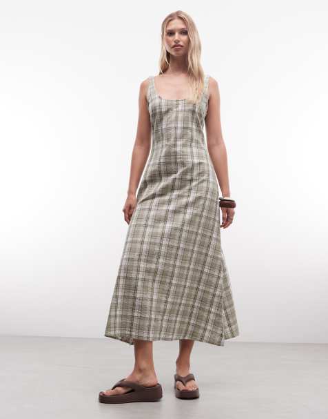 COLLUSION scoop neck maxi dress in green check