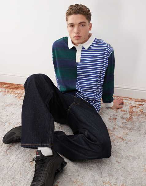 COLLUSION Long sleeve splice rugby polo in green and blue