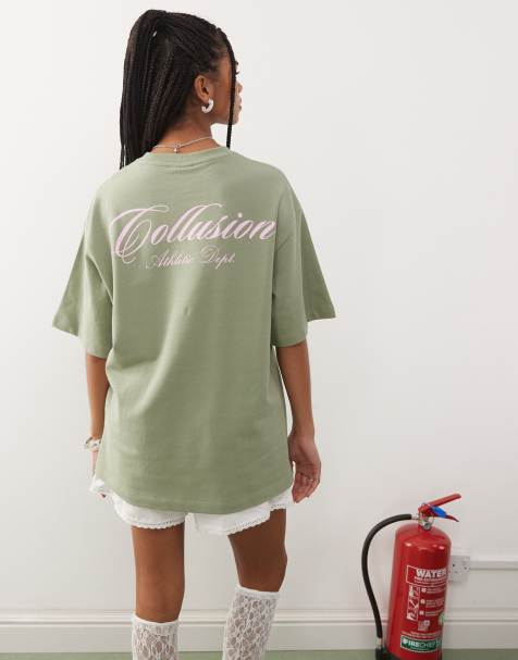 COLLUSION – Zielony T-shirt oversize z grafiką - view 1