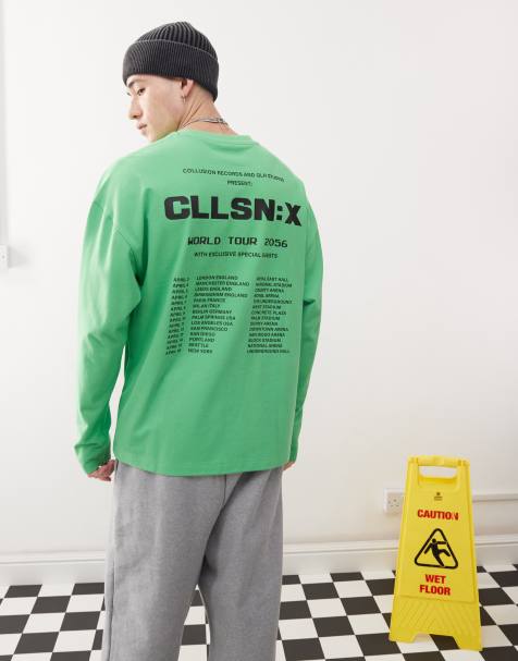 COLLUSION long sleeve logo tour graphic t-shirt in green
