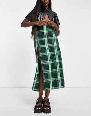 COLLUSION zip detail check maxi skirt in green  - ASOS Price Checker