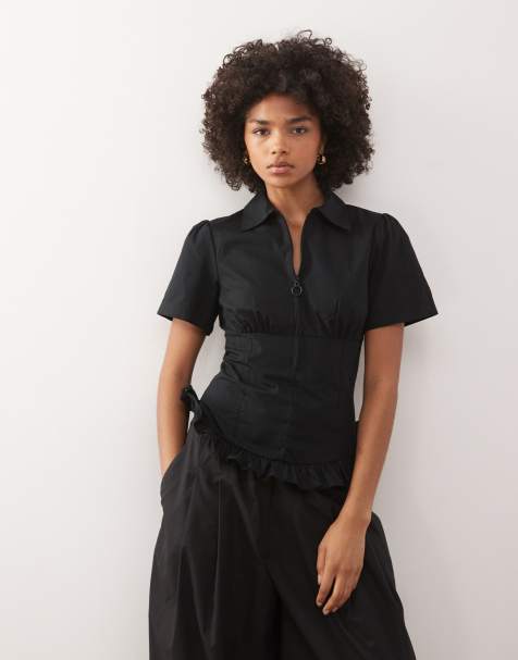 COLLUSION zip detail cinched waist shirt in black - view 1