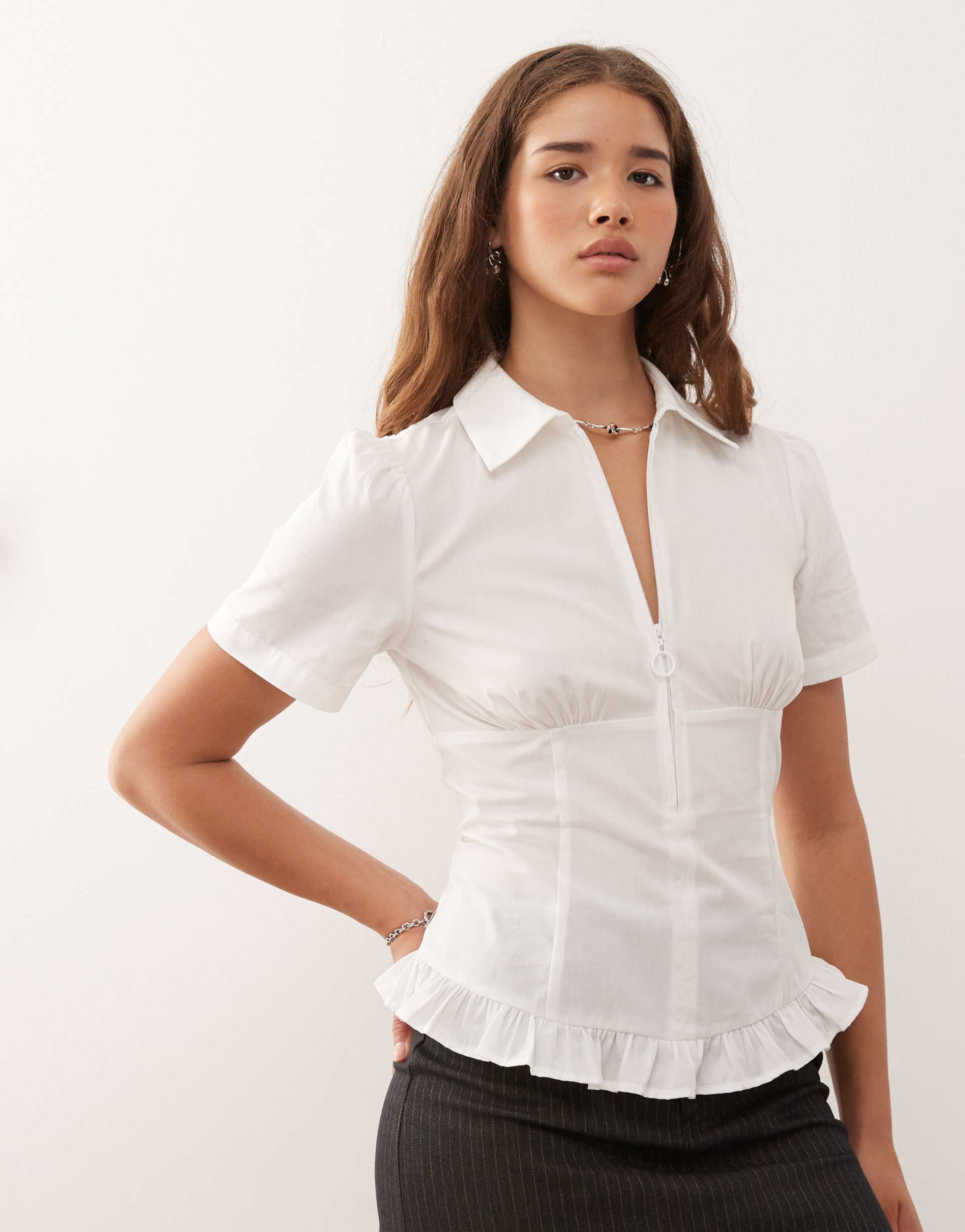collusion zip detail cinched waist shirt in white