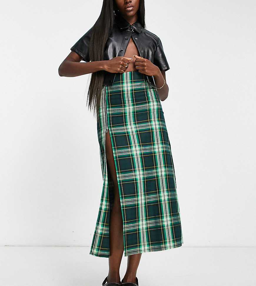 COLLUSION zip detail plaid maxi skirt in green