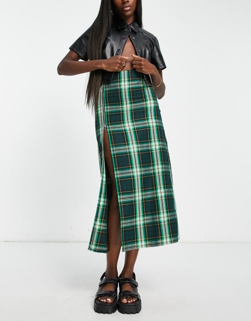 COLLUSION zip detail plaid maxi skirt in green