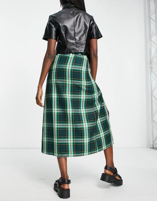 COLLUSION zip detail plaid maxi skirt in green