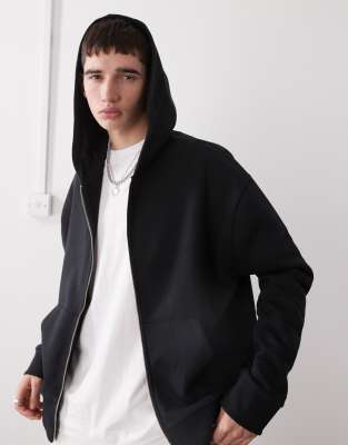 zip through boxy hoodie in black