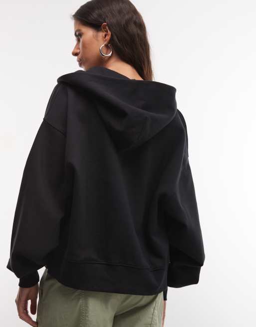 COLLUSION zip through boxy hoodie in black, 4 of 4