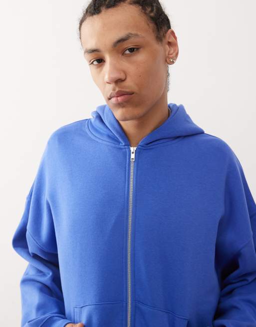 COLLUSION zip through boxy hoodie in blue, 2 of 4