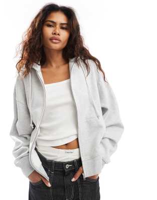 zip through boxy hoodie in gray heather