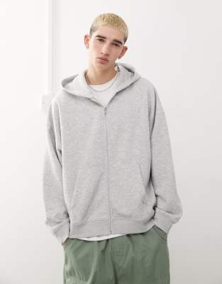 zip through boxy hoodie in gray heather