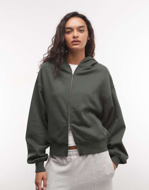 COLLUSION zip through boxy hoodie in green - view 1