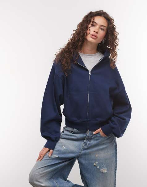 COLLUSION zip through boxy hoodie in navy - view 1
