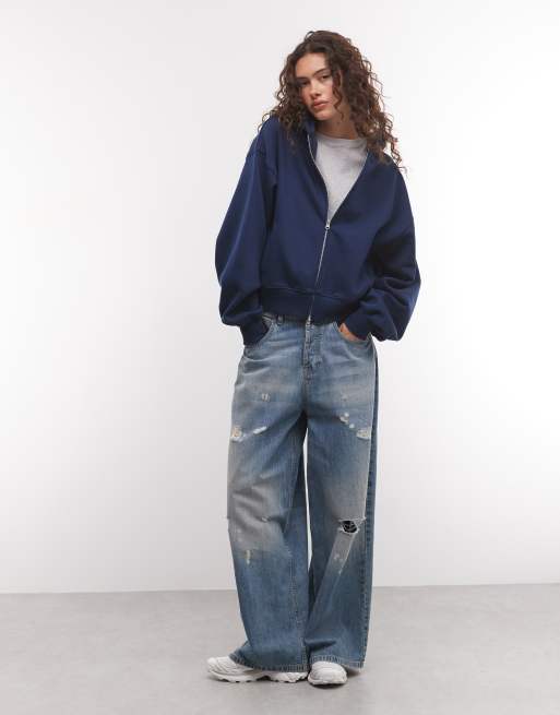 COLLUSION zip through boxy hoodie in navy, 2 of 4