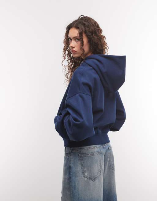 COLLUSION zip through boxy hoodie in navy, 3 of 4