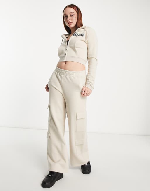 COLLUSION zip through cropped hoodie co-ord in stone, 4 of 4