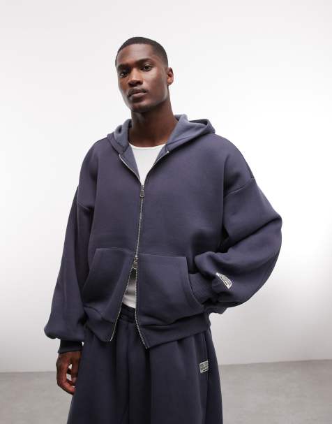 COLLUSION zip through heavyweight boxy hoodie in navy - view 1