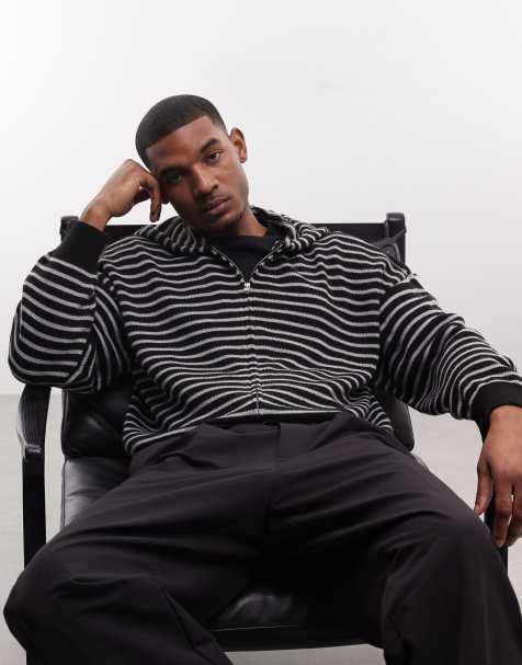 COLLUSION zip through knitted boxy hoodie in black stripe - view 1