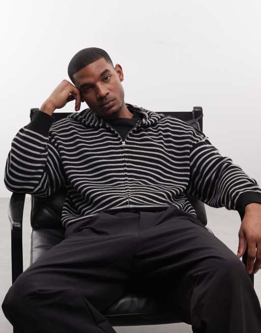 COLLUSION zip through knitted boxy hoodie in black stripe, 2 of 5