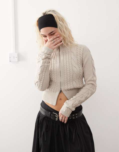 COLLUSION zip through knitted cable knit cardigan in cream - view 1