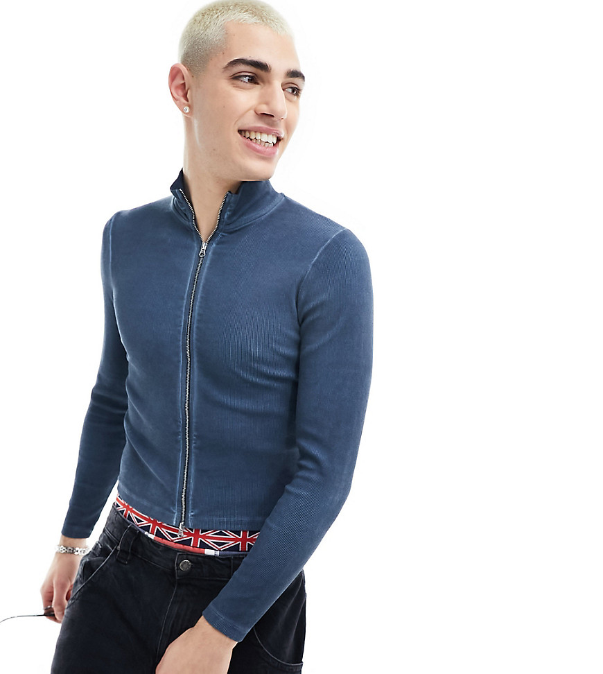 COLLUSION Zip through muscle ribbed jersey top in washed blue