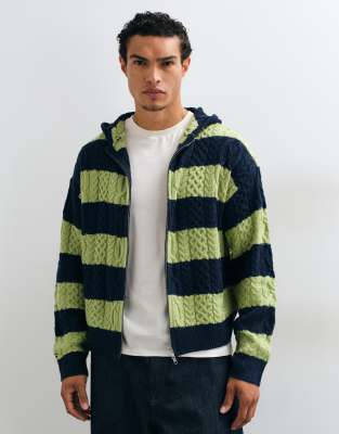 Collusion Zip Through Oversized Cable Knit Hoodie In Black
