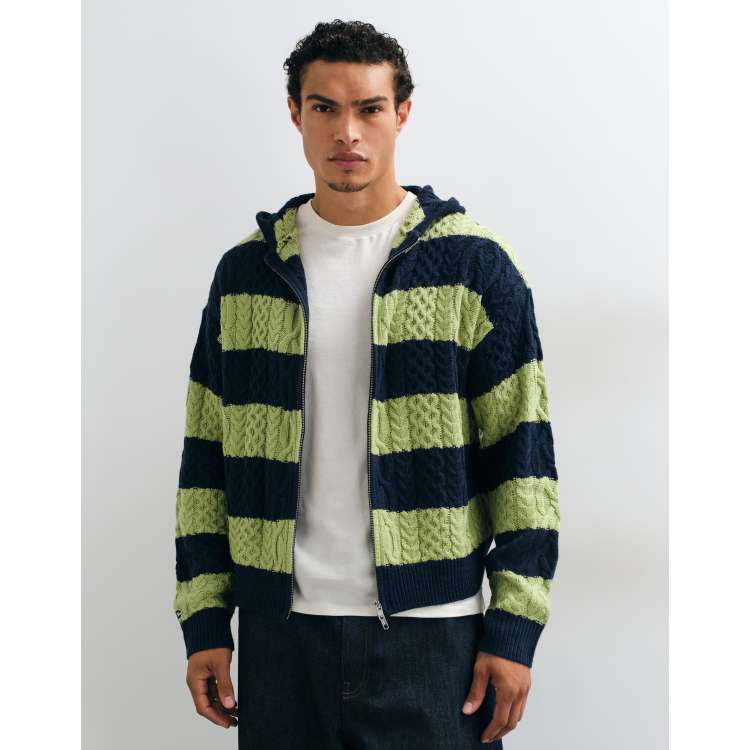 COLLUSION zip through oversized cable knit hoodie in navy & green