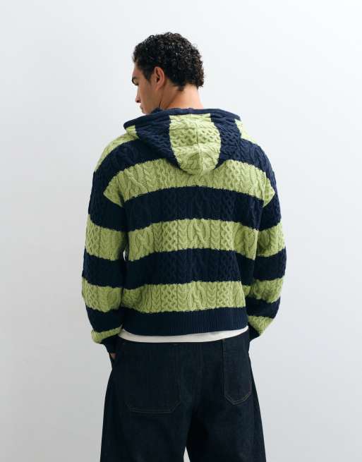 COLLUSION zip through oversized cable knit hoodie in navy & green stripe, 3 of 5