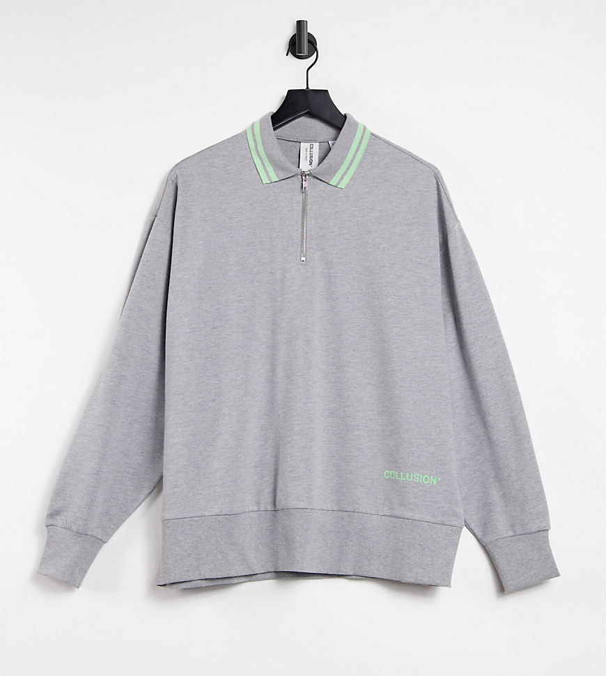 COLLUSION zip through polo sweatshirt with tipped collar in gray heather-Grey